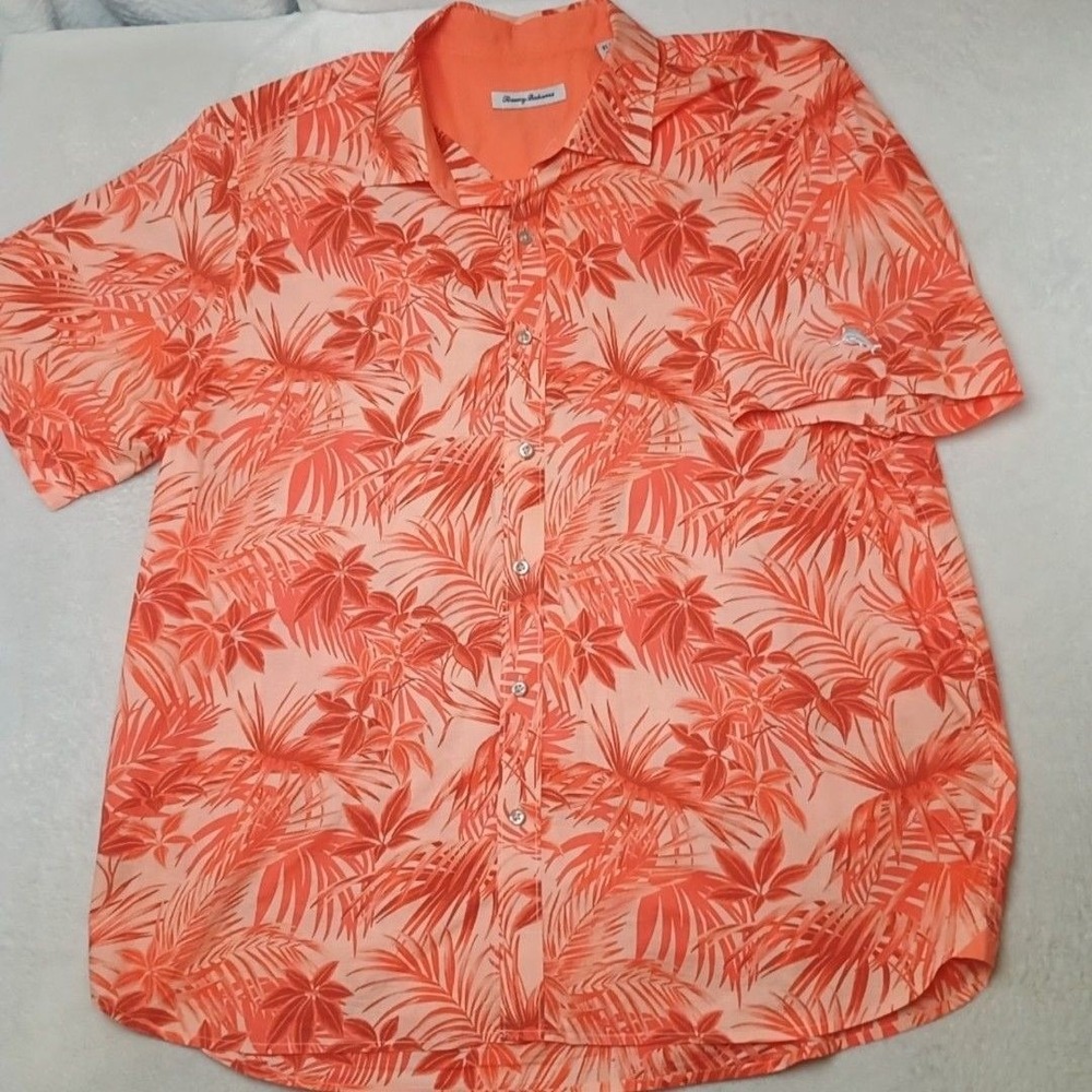 Tommy Bahama Shirt Mens XL Orange Floral Button-Up Short Sleeve Cotton Relaxed